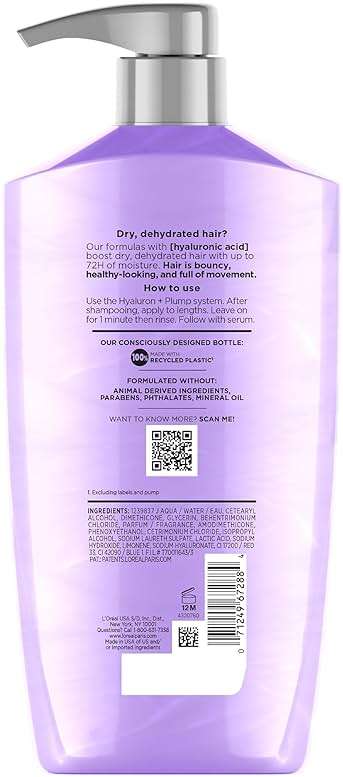 L'Oreal Paris Elvive Hyaluron Plump Hydrating Conditioner for Dehydrated, Dry Hair Infused with Hyaluronic Acid Care Complex, Paraben-Free, 26.5 Fl Oz - Image 11