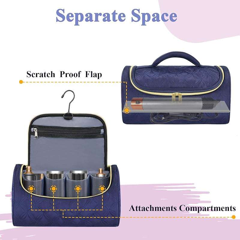 Mancro Padded Travel Case Compatible with Dyson Airwrap Complete Styler and Attachments, Portable Storage Bag with Metal Hanging Hook for Airwrap All Models, Long Barrel, Hair Curler Accessories, Blue - Image 4