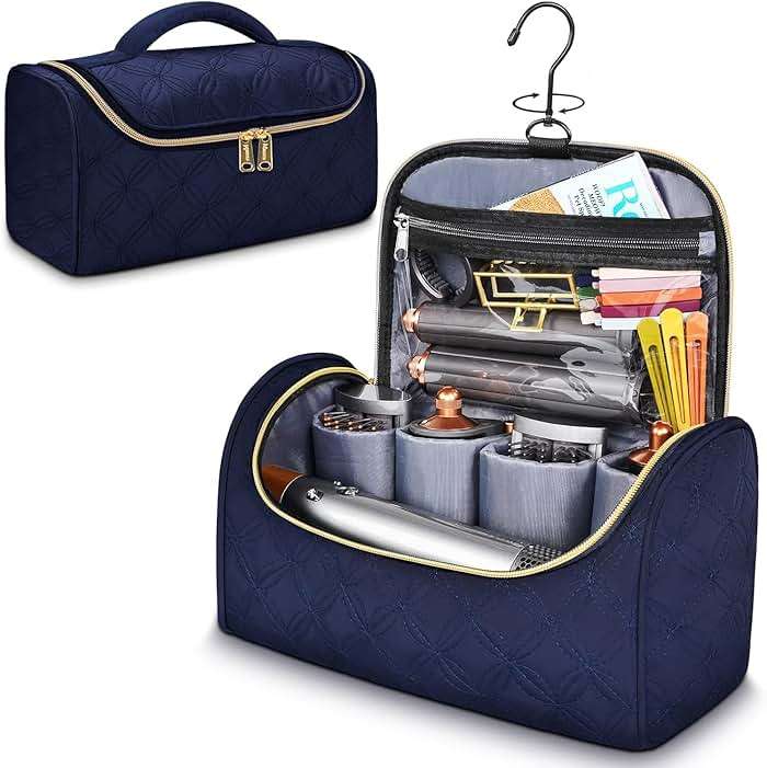 Mancro Padded Travel Case Compatible with Dyson Airwrap Complete Styler and Attachments, Portable Storage Bag with Metal Hanging Hook for Airwrap All Models, Long Barrel, Hair Curler Accessories, Blue - Image 9