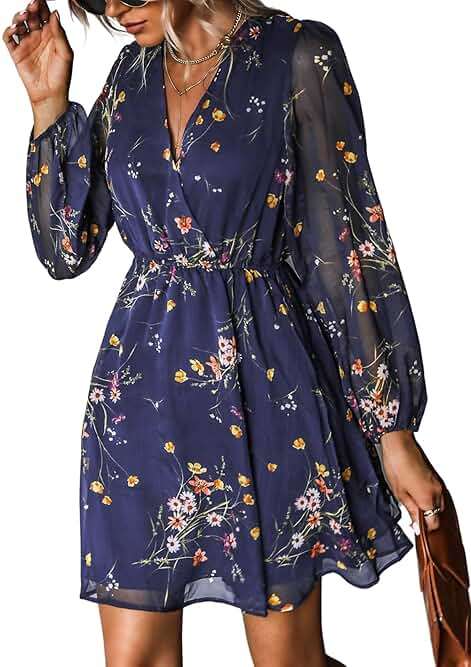 CUPSHE Women's Mini Dresses Casual Spring V Neck Chiffon Long Peasant Sleeves Flowy Spring Dress - Image 1