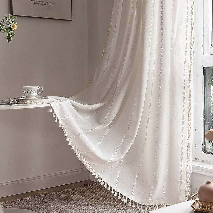 Deeprove White Boho Curtains 84 Inches Long for Bedroom Living Room, Cream Chic Linen Cotton Embroidered Semi Blackout Bohemian Farmhouse Window Treatment Drape Vintage Tassels, 1 Panel W52 x L84 - Image 2