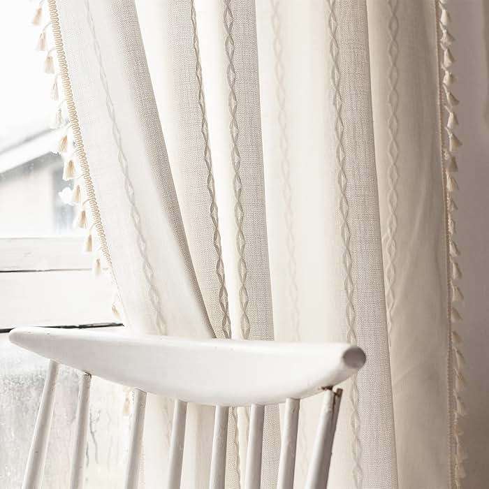 Deeprove White Boho Curtains 84 Inches Long for Bedroom Living Room, Cream Chic Linen Cotton Embroidered Semi Blackout Bohemian Farmhouse Window Treatment Drape Vintage Tassels, 1 Panel W52 x L84 - Image 5