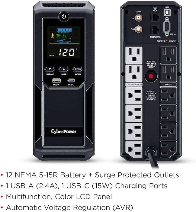 CyberPower CP1500AVRLCD3 Intelligent LCD UPS Battery Backup and Surge Protector, 1500VA/900W, 12 Outlets, 2 USB Ports, AVR, Mini Tower, UL Certified - Image 3