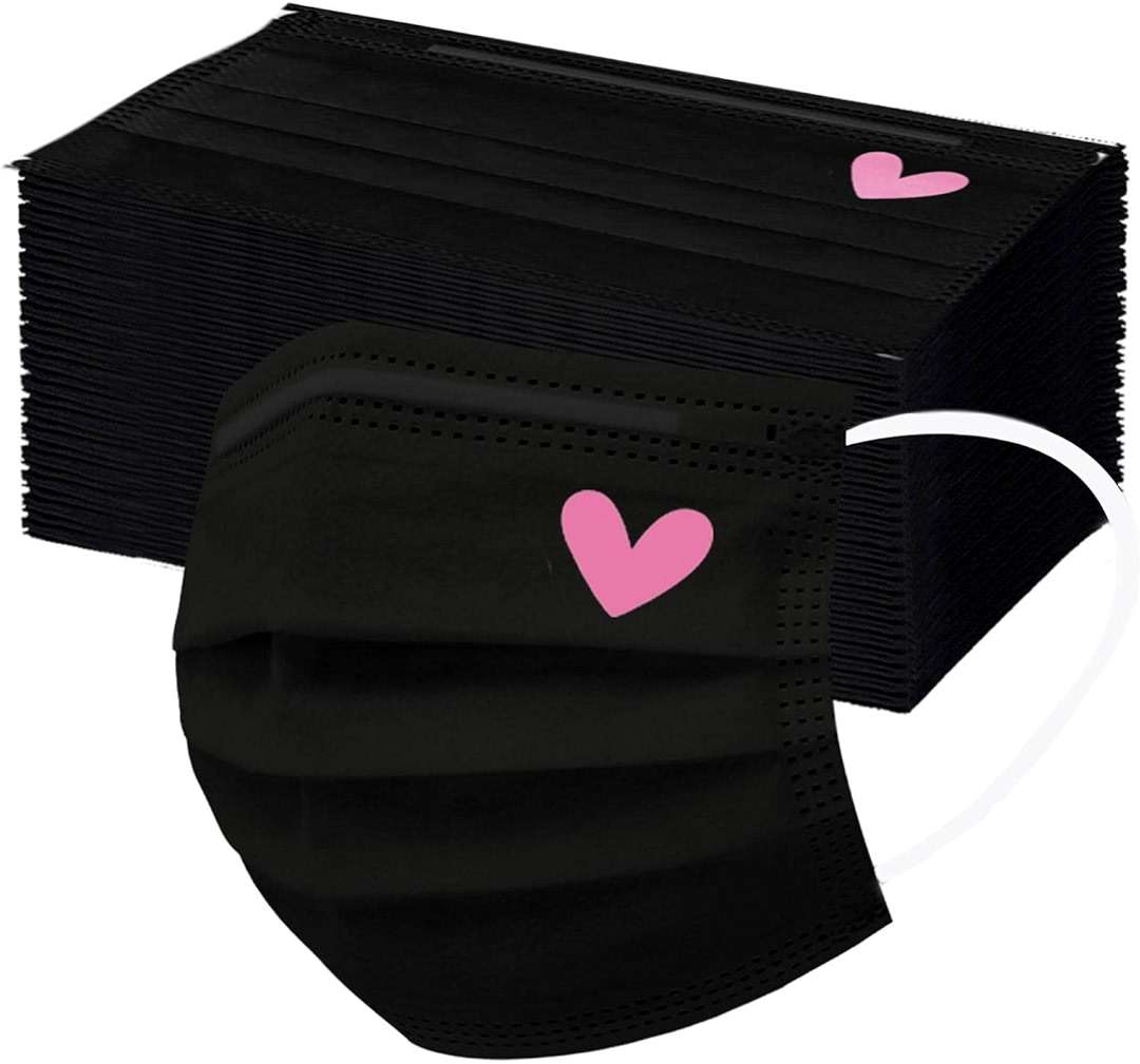 50pcs Cute Disposable Face Masks, Pink And Black Masks with Hearts Printed, 3-Ply Full Face Protection for Women Teen Girls - Image 1