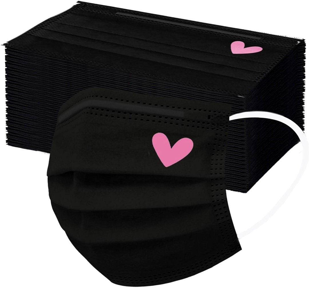 50pcs Cute Disposable Face Masks, Pink And Black Masks with Hearts Printed, 3-Ply Full Face Protection for Women Teen Girls - Product Image