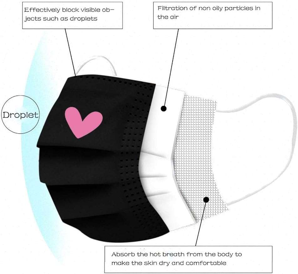 50pcs Cute Disposable Face Masks, Pink And Black Masks with Hearts Printed, 3-Ply Full Face Protection for Women Teen Girls - Image 3