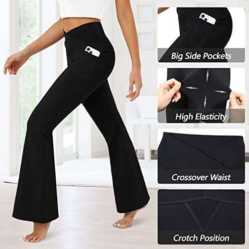 DLOODA Women's Flare Leggings with Pockets Crossover High Waisted Bootcut Yoga Pants Tummy Control Bell Bottom Leggings - Image 6