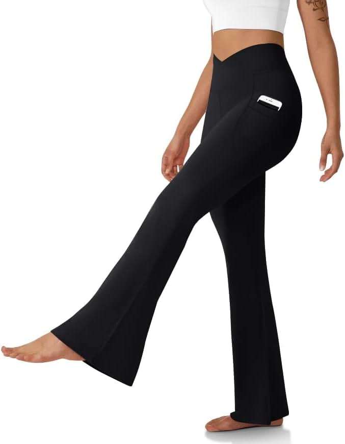 DLOODA Women's Flare Leggings with Pockets Crossover High Waisted Bootcut Yoga Pants Tummy Control Bell Bottom Leggings - Image 7