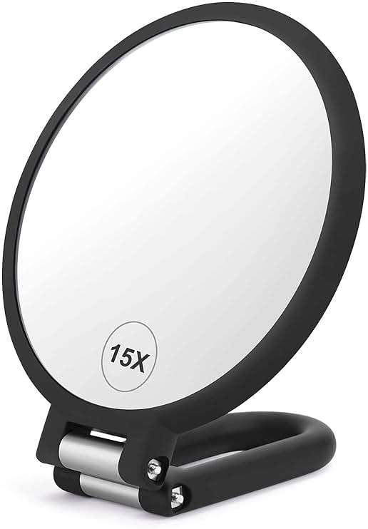 CLSEVXY Magnifying Handheld Mirror Double Sided, 1X 15X Magnification Hand Mirrors, Travel Folding Hand Held Mirror, 360°Rotation Pedestal Makeup Vanity Mirror - Image 1