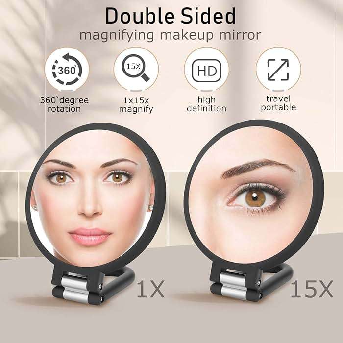 CLSEVXY Magnifying Handheld Mirror Double Sided, 1X 15X Magnification Hand Mirrors, Travel Folding Hand Held Mirror, 360°Rotation Pedestal Makeup Vanity Mirror - Image 2