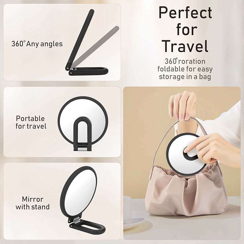 CLSEVXY Magnifying Handheld Mirror Double Sided, 1X 15X Magnification Hand Mirrors, Travel Folding Hand Held Mirror, 360°Rotation Pedestal Makeup Vanity Mirror - Image 6