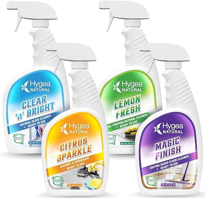 Hygea Natural Cleaning Supplies Kit All Purpose Cleaners, Citrus Degreaser, Floor and Tile Cleaner, Window, Glass and Mirror Cleaner- No Harsh Chemicals, Family safe - 4 Pack 24 oz Sprays - Product Image