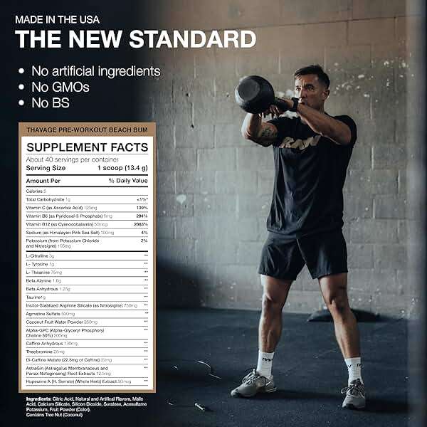 RAW Pre Workout Powder, Thavage (Beach Bum) - Chris Bumstead Sports Nutrition Supplement for Men & Women - Cbum Pre Workout for Working Out, Hydration, Mental Focus & Energy - 40 Servings - Image 4