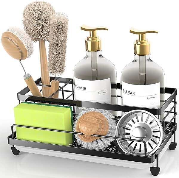 Cisily Black Sponge Holder for Kitchen, Sink Caddy Sink Organizer Rack for Kitchen Accessories with Drip Tray, Rustproof and Non-slip, Soap Dispenser Countertop Organizer Essentials for New Home - Image 1