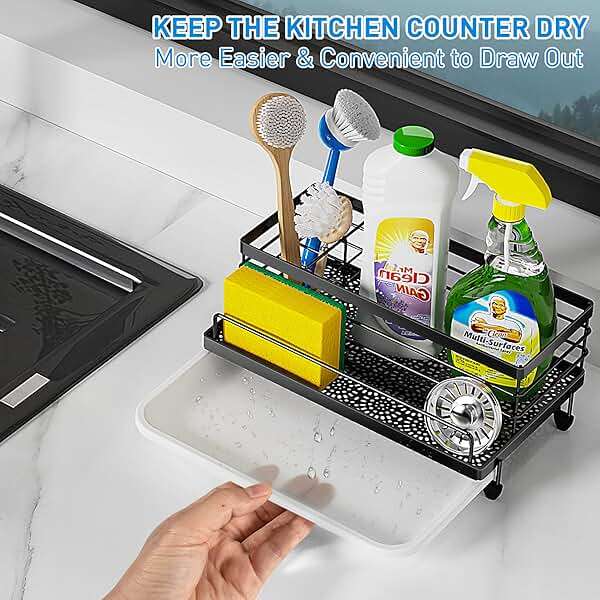 Cisily Black Sponge Holder for Kitchen, Sink Caddy Sink Organizer Rack for Kitchen Accessories with Drip Tray, Rustproof and Non-slip, Soap Dispenser Countertop Organizer Essentials for New Home - Image 5
