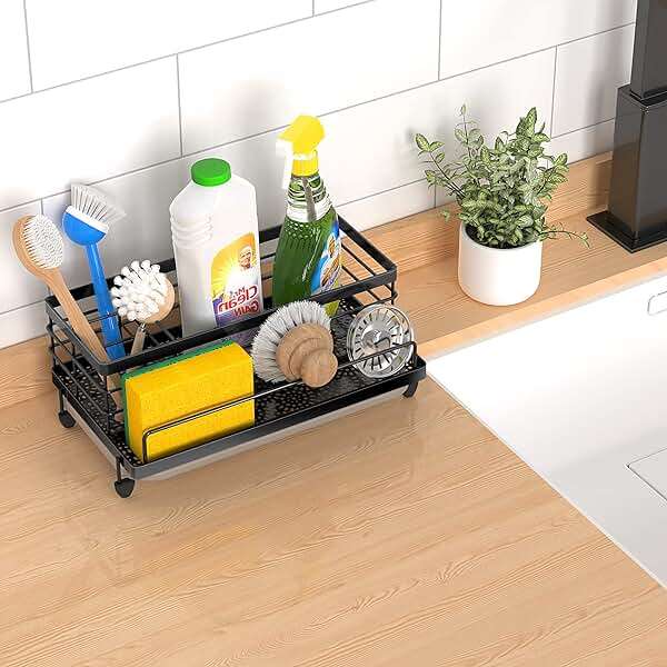 Cisily Black Sponge Holder for Kitchen, Sink Caddy Sink Organizer Rack for Kitchen Accessories with Drip Tray, Rustproof and Non-slip, Soap Dispenser Countertop Organizer Essentials for New Home - Image 7
