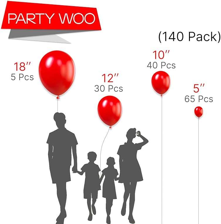 PartyWoo Red Balloons 140 pcs Different Sizes of 18 12 10 5 Inch Red Balloon Arch Kit Garland for Birthday Graduation Bachelorette Citizenship Anniversary Cherry Casino Theme Party Decorations Red-Y57 - Image 2