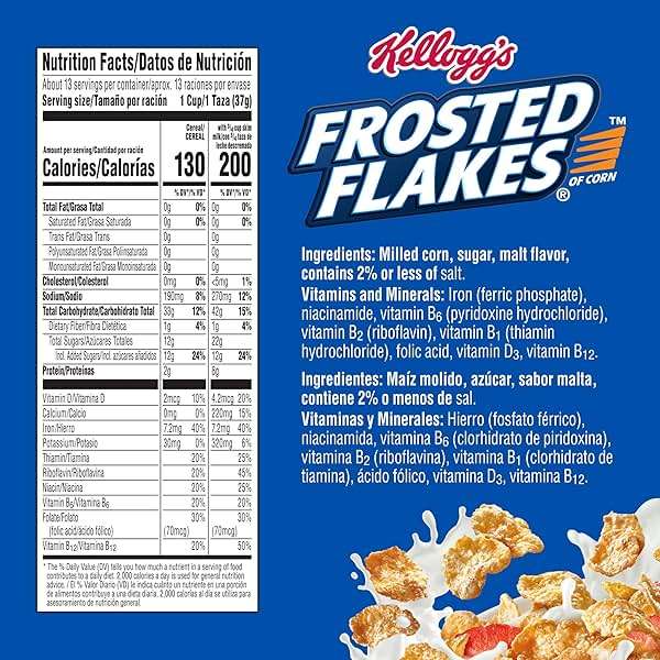 Frosted Flakes Breakfast Cereal, 8 Vitamins and Minerals, Kids Snacks, Large Size, Original, 17.3oz Box (1 Box) - Image 2