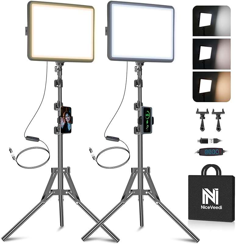 2-Pack LED Video Light Kit, NiceVeedi Studio Light, 2800-6500K Dimmable Photography Lighting Kit with Tripod Stand&Phone Holder, 73" Stream Light for Video Recording, Game Streaming, YouTube - Image 1