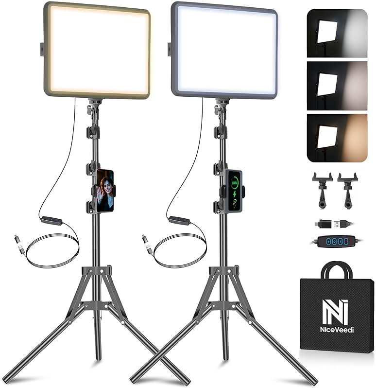 2-Pack LED Video Light Kit, NiceVeedi Studio Light, 2800-6500K Dimmable Photography Lighting Kit with Tripod Stand&Phone Holder, 73" Stream Light for Video Recording, Game Streaming, YouTube - Product Image