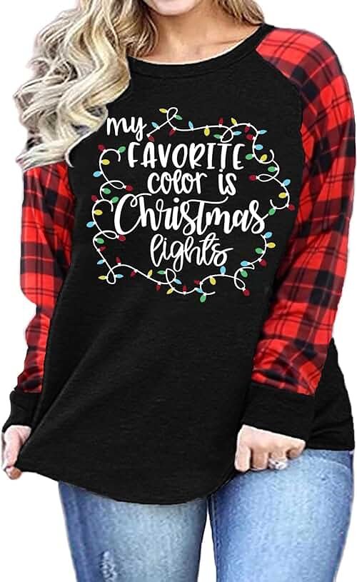 Plus Size Christmas Shirts Women My Favorite Color is Christmas Lights Shirt Plaid Raglan Long Sleeve Tops - Product Image