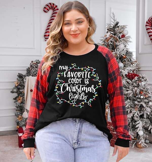 Plus Size Christmas Shirts Women My Favorite Color is Christmas Lights Shirt Plaid Raglan Long Sleeve Tops - Image 2
