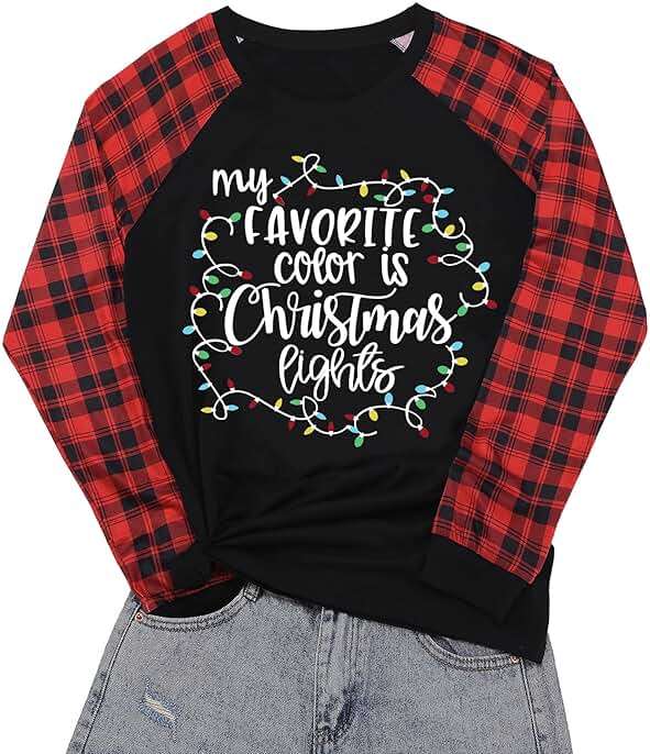 Plus Size Christmas Shirts Women My Favorite Color is Christmas Lights Shirt Plaid Raglan Long Sleeve Tops - Image 3