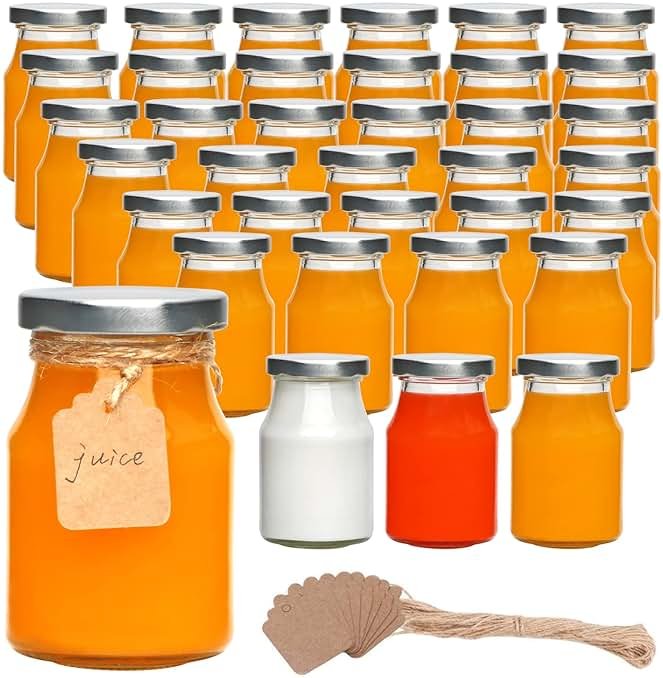 Accguan 6oz Glass Milk Bottles,Small Juice Bottles with Silver Caps,Jute Twine & Tag, Glass Yogert Jars Clear Glass Jars for Cake,Milk,Honey,Jam,Jelly,Spice,Wedding Favors,Shower Favors (36 Pack) - Product Image