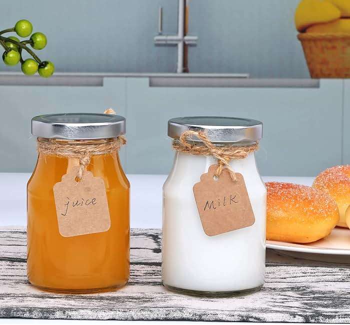 Accguan 6oz Glass Milk Bottles,Small Juice Bottles with Silver Caps,Jute Twine & Tag, Glass Yogert Jars Clear Glass Jars for Cake,Milk,Honey,Jam,Jelly,Spice,Wedding Favors,Shower Favors (36 Pack) - Image 6