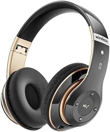 Falebare Bluetooth Headphones Over Ear, 6S Wireless Headphones Wired with 6 EQ Modes, 40 Hours Playtime Foldable HiFi Stereo Headset with Microphone, FM/TF for Cellphone/PC/Work (Black & Gold) - Product Image