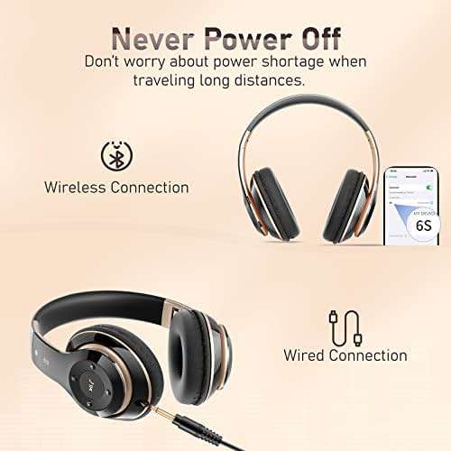 Falebare Bluetooth Headphones Over Ear, 6S Wireless Headphones Wired with 6 EQ Modes, 40 Hours Playtime Foldable HiFi Stereo Headset with Microphone, FM/TF for Cellphone/PC/Work (Black & Gold) - Image 4