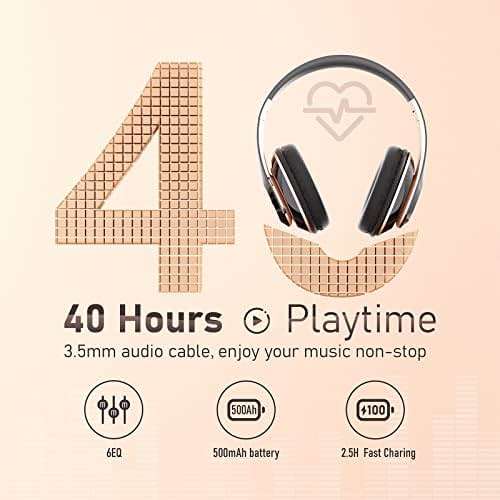 Falebare Bluetooth Headphones Over Ear, 6S Wireless Headphones Wired with 6 EQ Modes, 40 Hours Playtime Foldable HiFi Stereo Headset with Microphone, FM/TF for Cellphone/PC/Work (Black & Gold) - Image 6