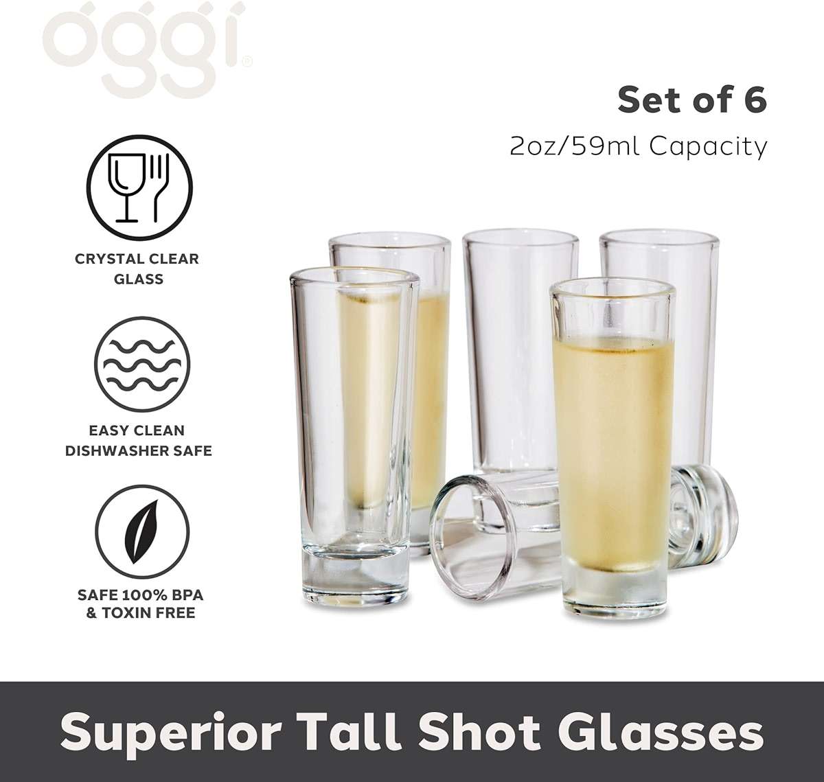 Oggi Tall Shot Glasses w/Heavy Base, Set 6 - Real Glass Shot Glass Set, Cool & Classic Design Ideal Groomsmen Gifts, Tequila Shot Glasses, Bachelor Party Favors for Men - 2oz / 59ml - Image 3
