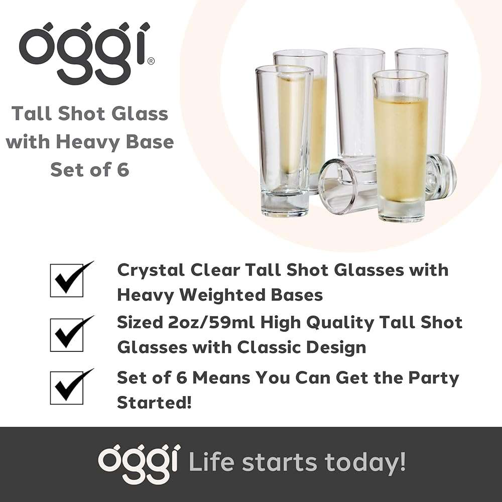 Oggi Tall Shot Glasses w/Heavy Base, Set 6 - Real Glass Shot Glass Set, Cool & Classic Design Ideal Groomsmen Gifts, Tequila Shot Glasses, Bachelor Party Favors for Men - 2oz / 59ml - Image 7
