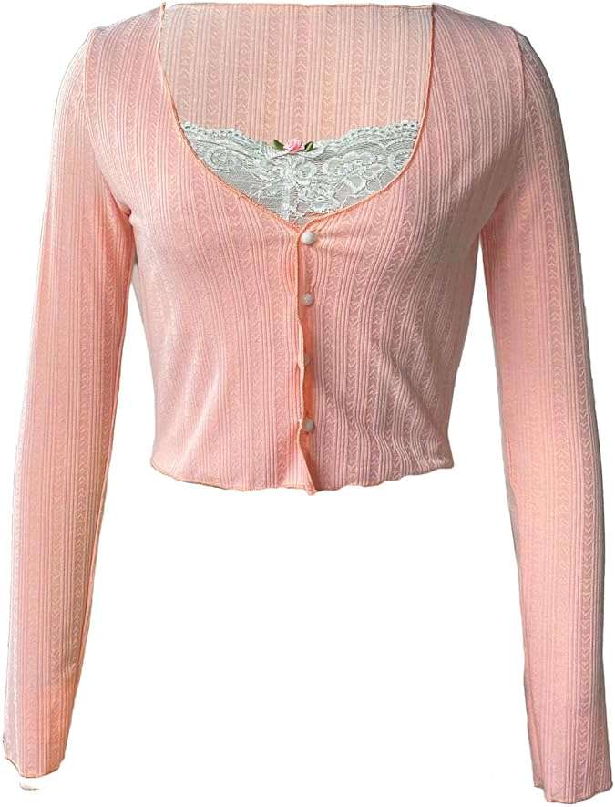 Fanvereka Women Lace Stitching V-Neck Fairy Crop Tops Y2K Long Sleeve Tight Shirt Spring Fall Downtown Girl Coquette Clothing - Image 4