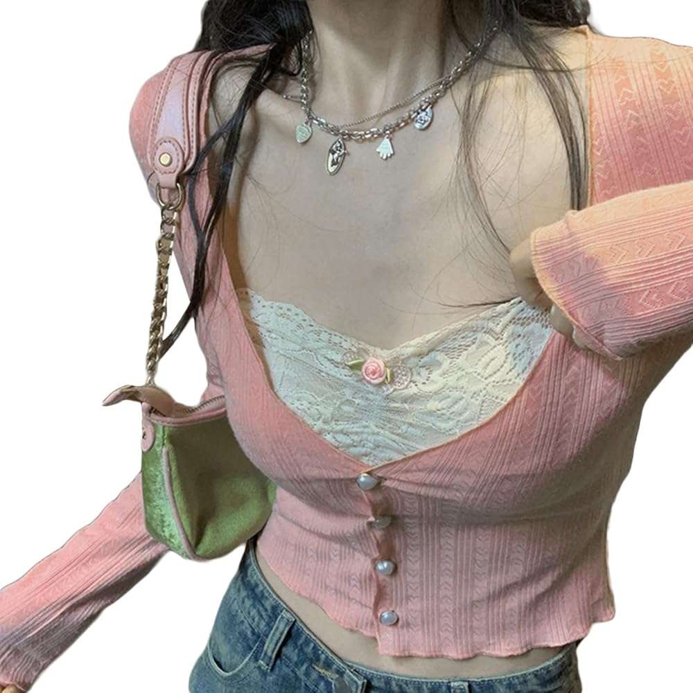 Fanvereka Women Lace Stitching V-Neck Fairy Crop Tops Y2K Long Sleeve Tight Shirt Spring Fall Downtown Girl Coquette Clothing - Image 6