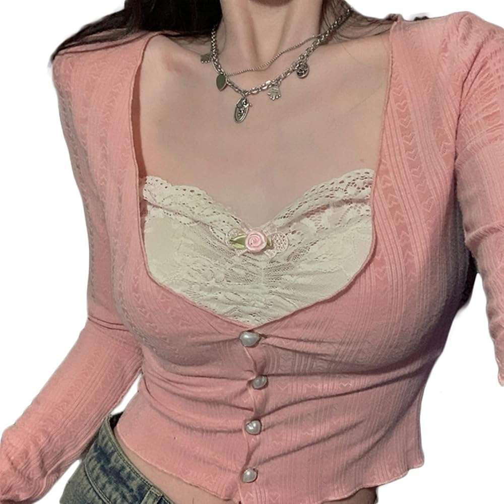 Fanvereka Women Lace Stitching V-Neck Fairy Crop Tops Y2K Long Sleeve Tight Shirt Spring Fall Downtown Girl Coquette Clothing - Image 7