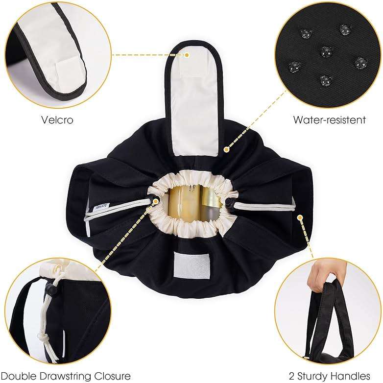 Narwey Lay Flat Open Drawstring Makeup Bag, Large Cosmetic Bag for Women Girls, Cute Make up Bags with Handle, Portable Travel Toiletry Bag for Skincare, Brushes & Travel Essentials (Black) - Image 5