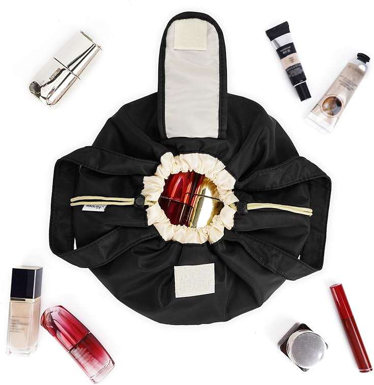 Narwey Lay Flat Open Drawstring Makeup Bag, Large Cosmetic Bag for Women Girls, Cute Make up Bags with Handle, Portable Travel Toiletry Bag for Skincare, Brushes & Travel Essentials (Black) - Image 7