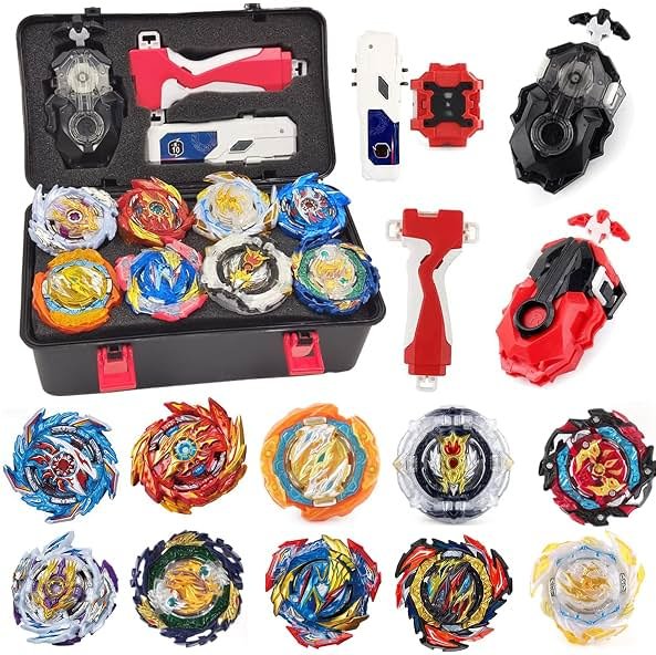 MUSTYBELT Battling Top Burst Gyros Toy Set Toy Gift for Children Boys Ages 6 8 10 12+ Combat Battling Game 10&12 Burst Spinning Tops 3 Two Way Launchers Grip Starter (B-10) - Product Image