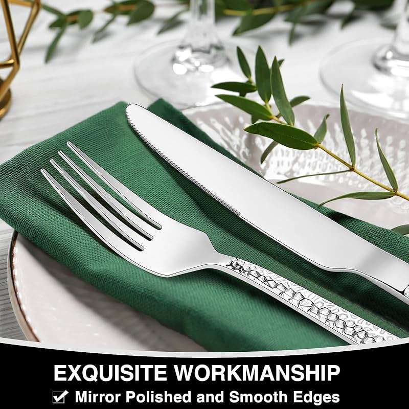 Hammered Silverware Set, 40-Piece Stainless Steel Square Flatware Set for 8, Food-Grade Tableware Cutlery Set, Utensil Sets for Home Restaurant, Mirror Finish, Dishwasher Safe - Image 4