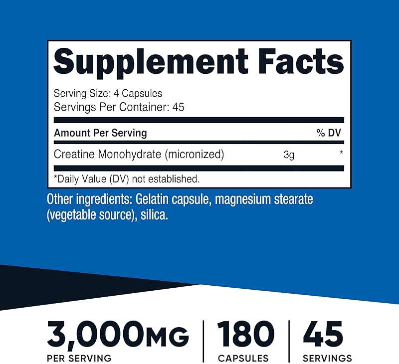 Nutricost Creatine Monohydrate 3,000mg, 180 Capsules (750mg Per Capsule) - Gluten Free, Non-GMO - Image 2