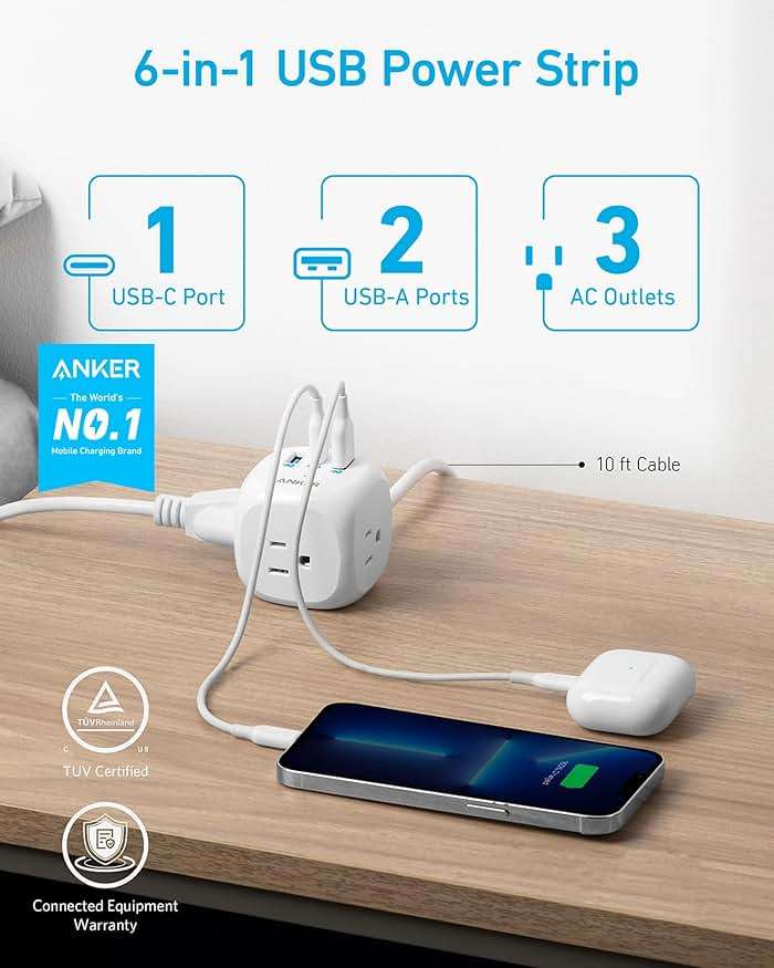 Anker 321 Power Strip with 20W USB C, 3 Outlets and USB C Charging for iPhone 15/15 Plus/15 Pro/15 Pro Max, 10 ft Extension Cord, Power Delivery Charging for Dorm Rooms,Home Office - Image 2
