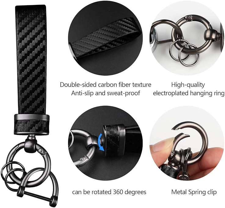 Turcee Leather Car Keychain - Carbon Fiber Interior Key Fob with Anti-Lost D-Ring - Car Accessory Key Ring (Black) - Image 4