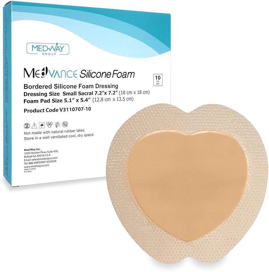 MedVance Sacral Foam Dressing, Bed Sore Bandages, Bordered Silicone Sacral Dressing, Sacrum Silicone Foam Dressing with Border, Size 7"x 7", Box of 10 dressings - Product Image