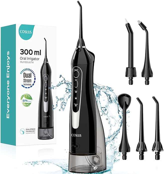 COSLUS Water Dental Flosser Teeth Pick C20: ADA Accepted, Portable Cordless Oral Irrigator 300ML Rechargeable Travel Irrigation Cleaner IPX7 Waterproof Electric Flossing Machine for Teeth, Black - Image 1