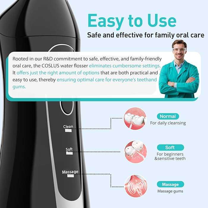 COSLUS Water Dental Flosser Teeth Pick C20: ADA Accepted, Portable Cordless Oral Irrigator 300ML Rechargeable Travel Irrigation Cleaner IPX7 Waterproof Electric Flossing Machine for Teeth, Black - Image 5