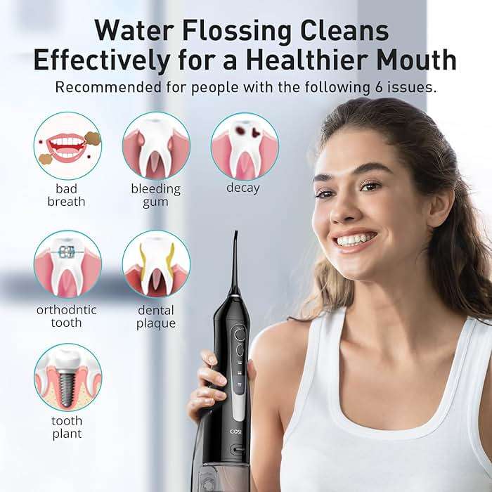 COSLUS Water Dental Flosser Teeth Pick C20: ADA Accepted, Portable Cordless Oral Irrigator 300ML Rechargeable Travel Irrigation Cleaner IPX7 Waterproof Electric Flossing Machine for Teeth, Black - Image 8