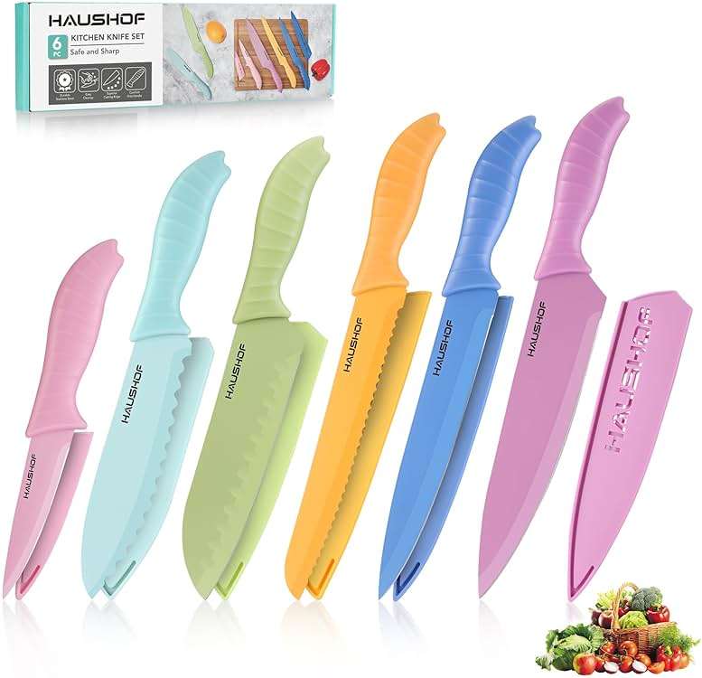 HAUSHOF Kitchen Knife Set, 12-Piece Colorful Knives Set with 6 Sheaths for Kitchen, Non-Stick Coated Stainless Steel Blades for Slicing, Dicing&Cutting, Gifts Knife Set for Dad, Mom, Husband and Wife - Image 1