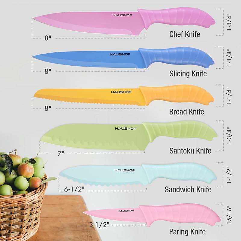 HAUSHOF Kitchen Knife Set, 12-Piece Colorful Knives Set with 6 Sheaths for Kitchen, Non-Stick Coated Stainless Steel Blades for Slicing, Dicing&Cutting, Gifts Knife Set for Dad, Mom, Husband and Wife - Image 3